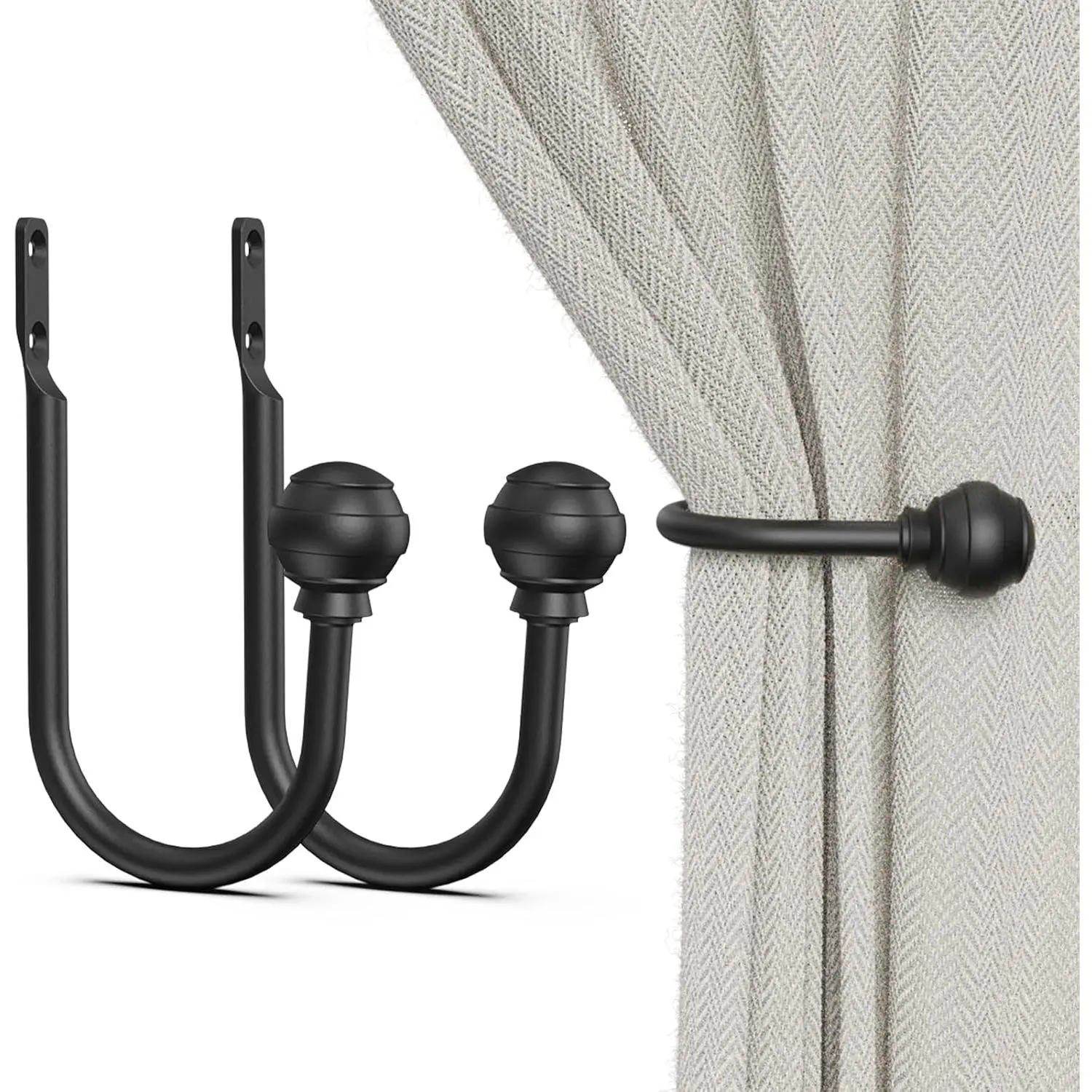 Curtain Holdbacks Black 2 count, Curtain Tiebacks Wall Mounted Hooks | Curtain Holders for Drapes, - Metal, Complete Accessories, Anti-Rust