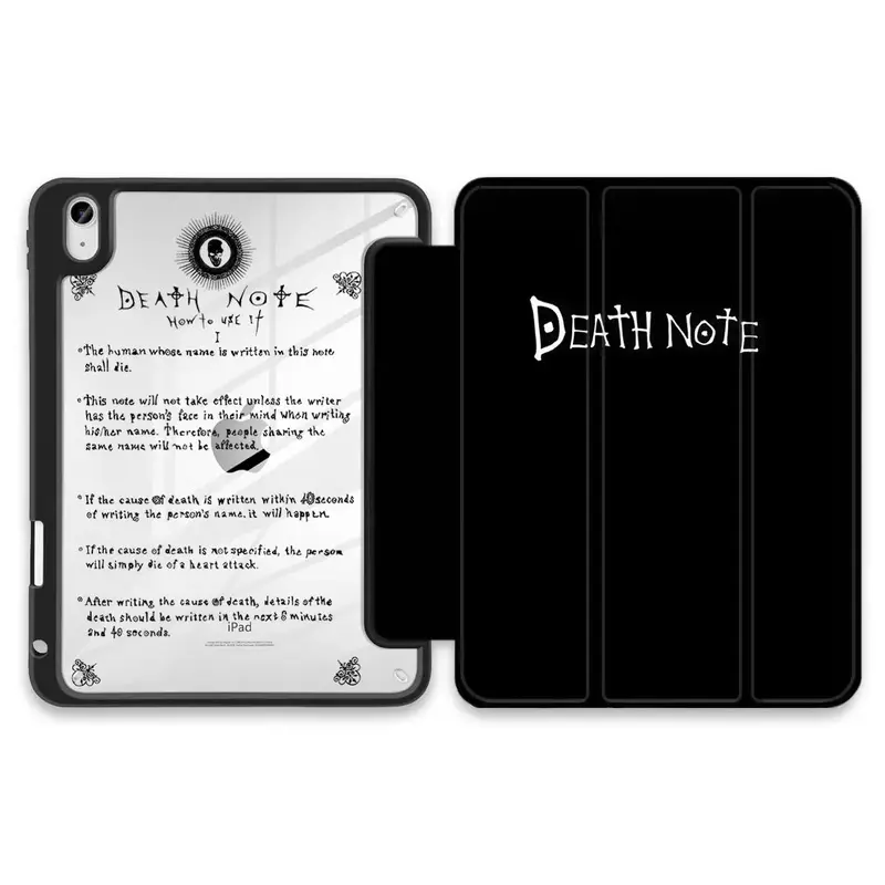Tri-Fold iPad Case with Apple Pencil Holder, Double-Sided Print Death Note Pattern Folio Cover, Silk Mocha Fabric & Clear PC Hard Back Shockproof Protective Case for iPad Series