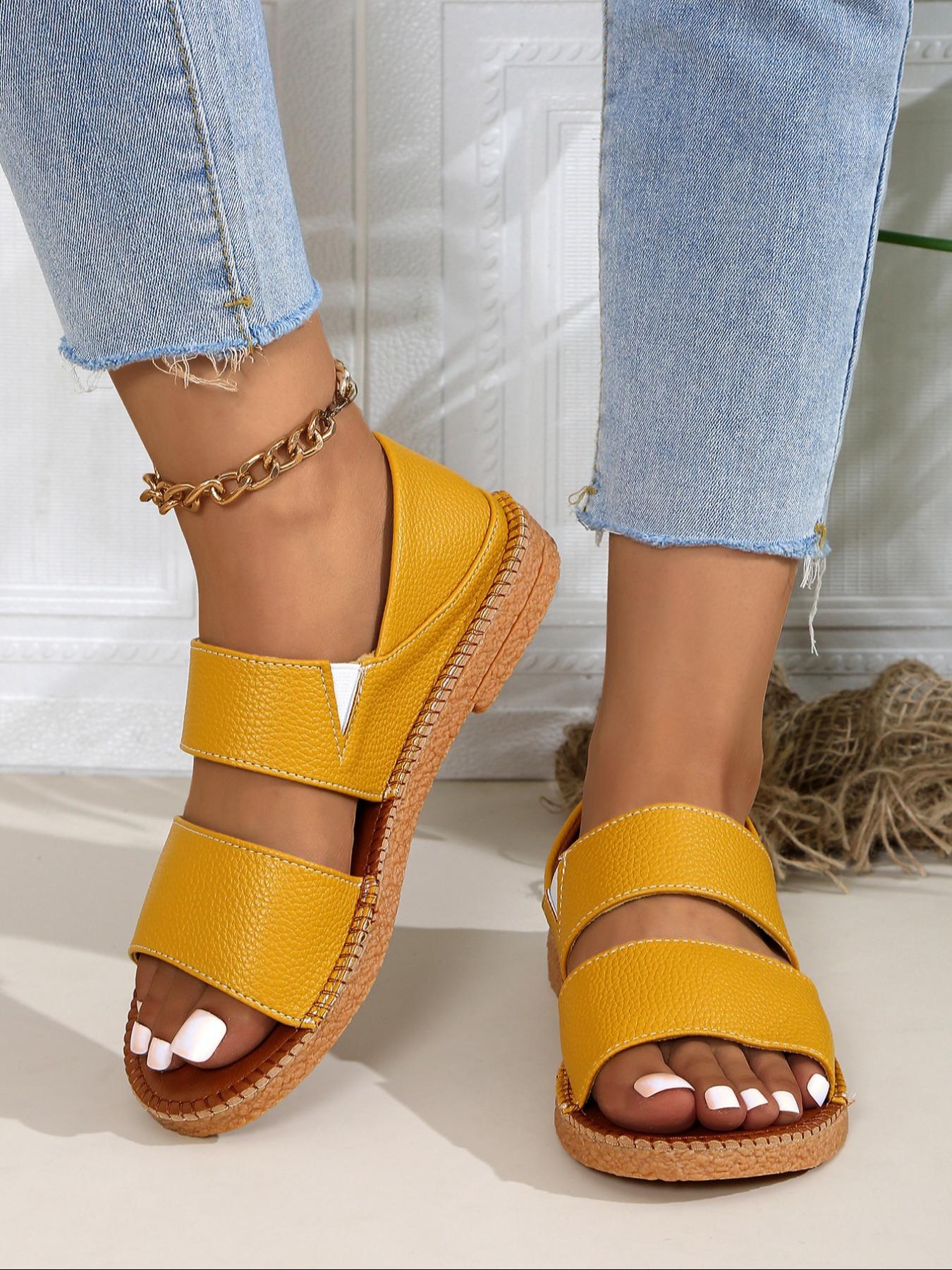 Women's Fashionable Solid Color Sandals, Leather Sandals, Elegant Sandal, Casual Comfortable Sandals for Summer, Female All-match Open Toe Sandals for Daily Wear, Walking Shoes, Footwear Strap Slides