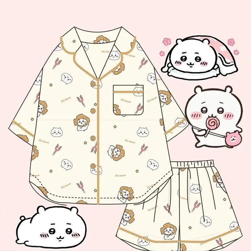 Chikawas Cute Pajamas Hachiware USAGI Summer Short-sleeved Pajamas Cartoon Home Clothes Set Can Be Worn Outside