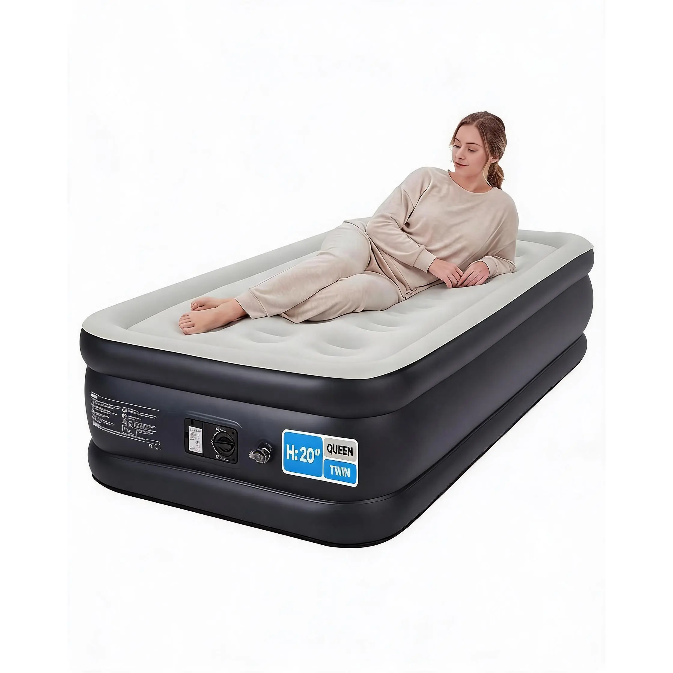Fast Self-Inflating 20" Raised Air Mattress with Built-in Pump - Comfortable Blow Up Bed Supports up to 600lb - Home, Guest, or Travel Use - Full & Queen Size