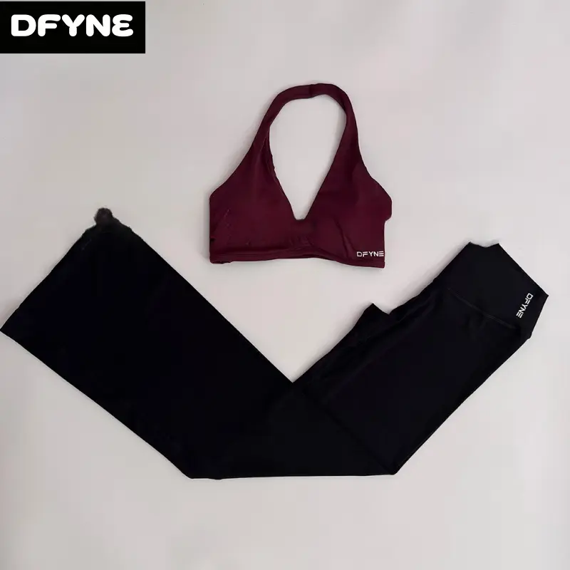DFYNE Buttery Soft Flare Leggings Set – V Neck Halter Top & High Waist Yoga Pants for Women