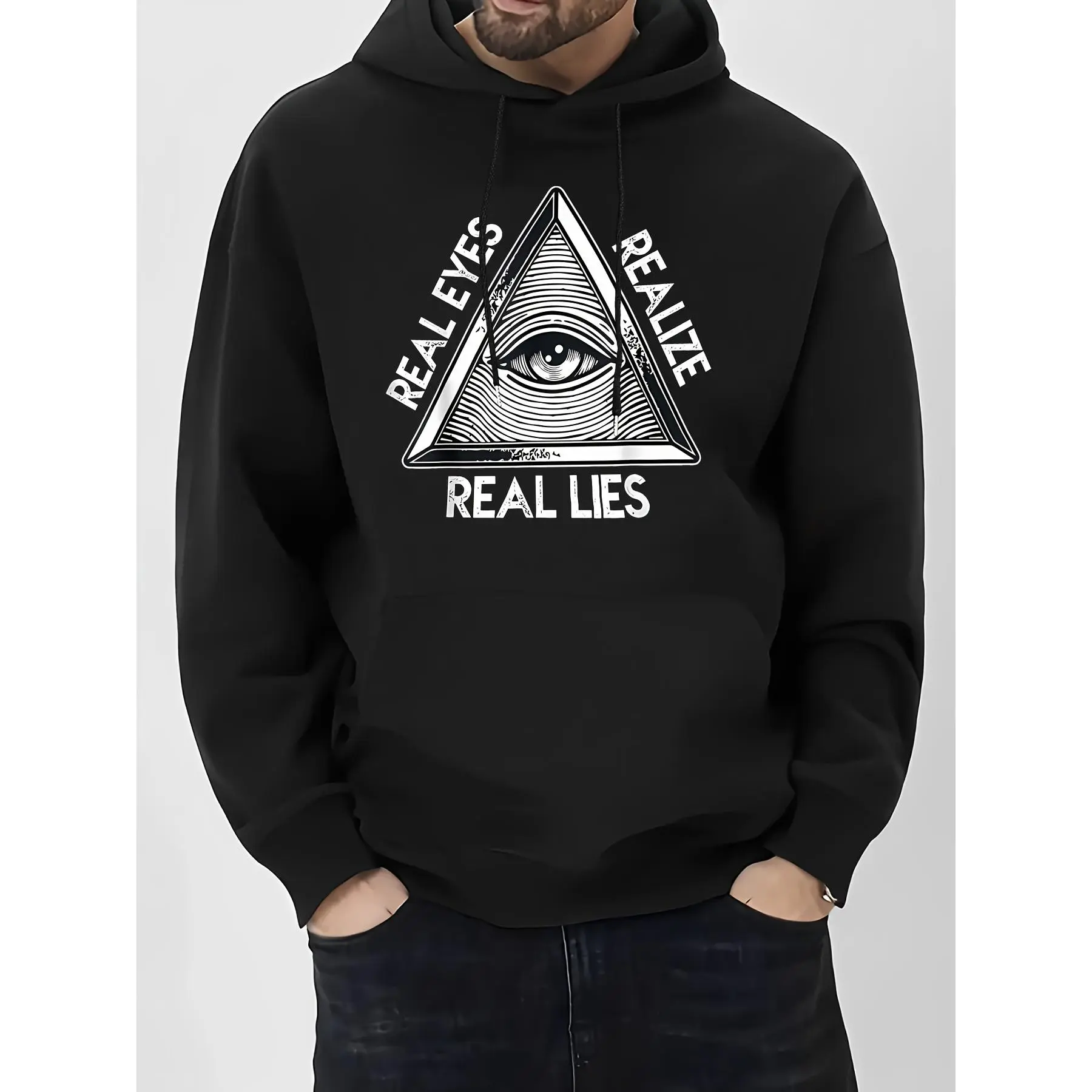 Unisex Black All-Seeing Eye Triangle Graphic Hoodie Real Eyes Realize Real Lies Vintage Distressed Print Pullover Retro Conspiracy Aesthetic Loose Street Sweatshirt