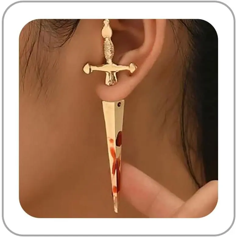 Gothic Pirate Sword Earrings for Women Sword Stud Earrings Punk Dangle Drop Pirate Earring Tassel Chain Ear Cuff Earring Halloween Goth Accessories for Women