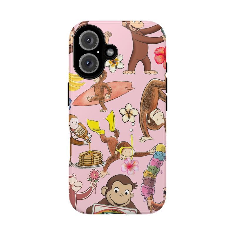 Cute Cartoon Monkey Tough Phone Case, Curious Georgeee, Fun Pink Animal Design Protective Phone Cover for Girls & Kids, Protective Cover, Pink Tone Case iPhone 17 Air 16 Promax 15 Plus 14 13 12 11.MFL22