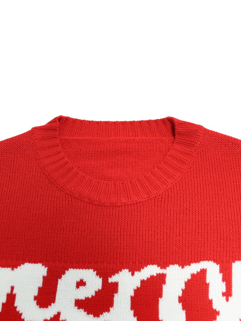 Women's "Merry" Letter Print Lantern Sleeve Sweater, Casual Cute Round Neck Jumper for Daily Outdoor Wear, Women Knitwear for Fall & Winter