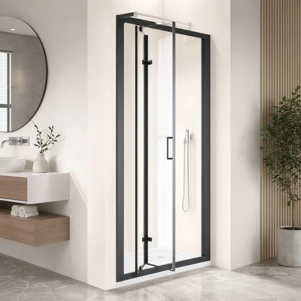 Framed Bi-Fold Pivot Shower Door 30"x72" Space-Saving Folding Shower Enclosure, 1/4" Clear Tempered Glass, Matte Black Aluminum Frame, Stainless Steel Handle, Reversible Installation, Leak-Proof Magnetic Seal, Bathroom