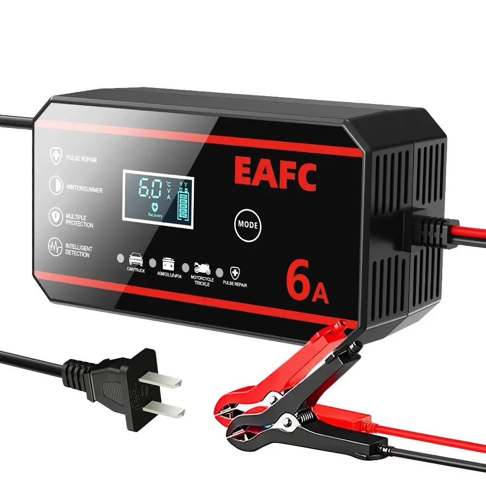 Us Plug 12V 6a Smart Fast Charger, Safe Convenient Automatic Car Battery Charger for Agm Gel Wet Lead Acid Lifepo4 Batteries, LCD Display