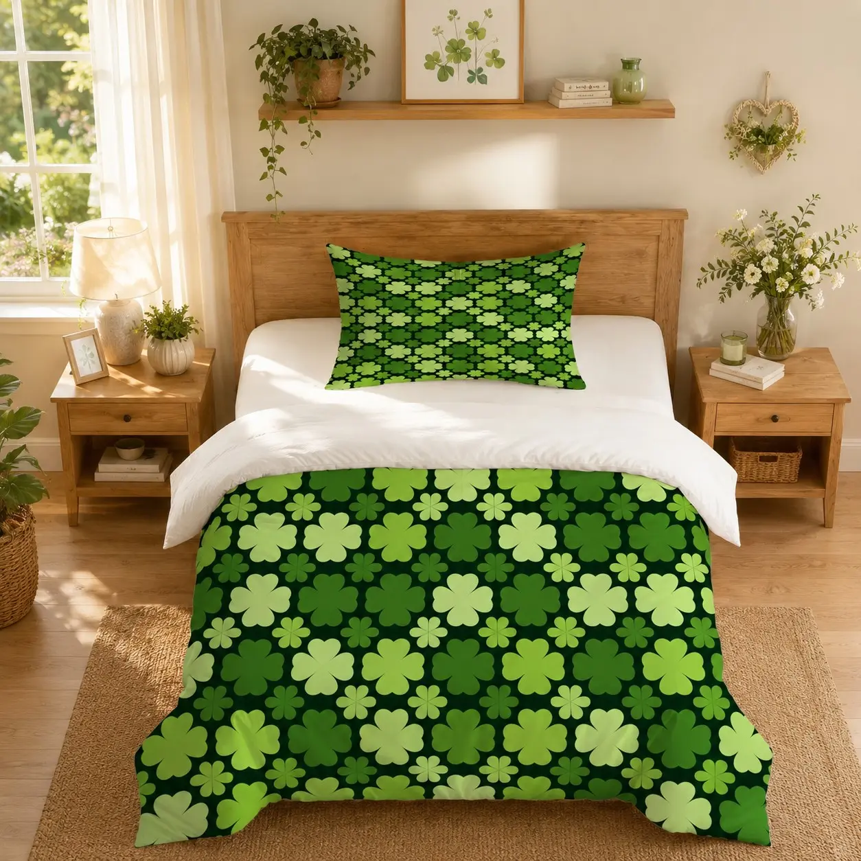Lucky Clover Bedding Set, 2/3 Pcs (1 Duvet Cover + 1/2 Pillowcases, No Fillings). Soft, Comfortable and Washable Bedding, All Season Home Use for Teens and Adults, Perfect Gift for Girls and Female Friends