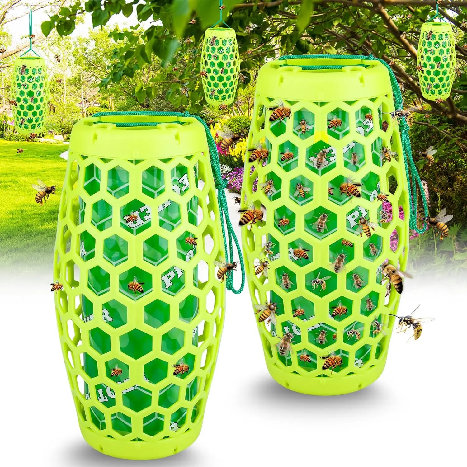 Wasp Trap Bee Catcher - Outdoor Hanging Carpenter Bee Traps with 4 Sticky Boards, Non-Toxic Reusable Hornet & Yellow Jacket Trap, 2 Pack (Green)