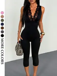 Women's V-Neck Lace Patchwork Sleeveless Jumpsuit, High Stretch Fitted Waist Raiser Seven-Foot Jumpsuit, Pure Desire Style Daily