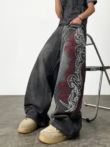 Men's Loose-Fit Embroidered Jeans, Vintage Tie-Dye Washed Fashion Wide-Leg Pants, Comfortable Street Style, All-Season Wear