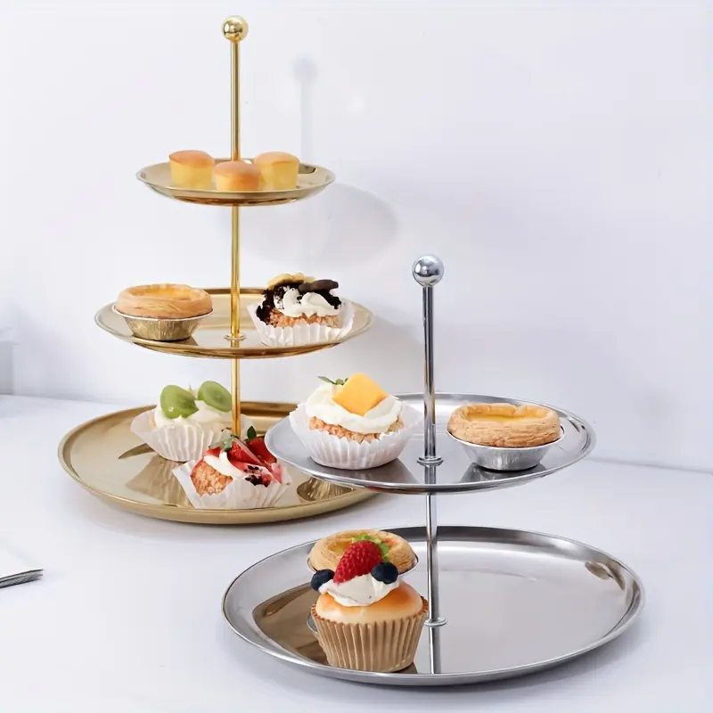 [PABHAN]Set Of 2 Stainless Steel Cake Stands And Spoons, Dessert Tower And Cupcake Stands, Tiered Serving Trays, And Serving Accessories. Perfect For Pastries, Desserts, Candies, Fruits, Tea Parties, Weddings, And Home Decor Serving Trays.