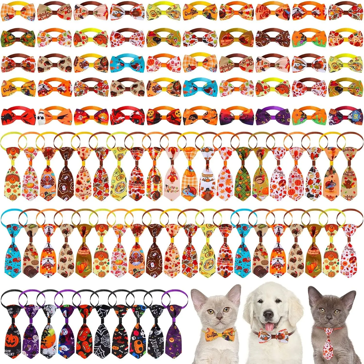 100 Pack Fall Dog Bow Tie Collar Set, 50 Dog Bow Ties and 50 Pet Neckties Maple Leaf Pumpkin Turkey Pattern Pet Costume Accessories for Small Medium Dogs Cats, Thanksgiving Halloween Supplies