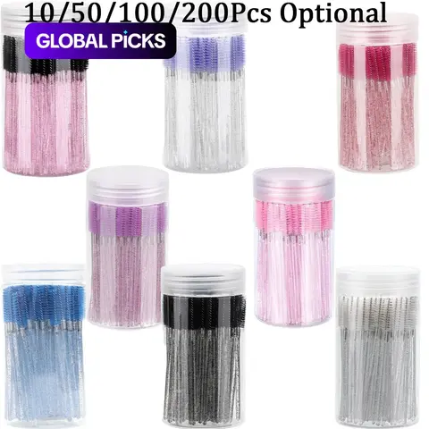 Reusable Eyelash Brush Set 200/100/50/10 Pcs, Washable Mascara Wands with Container, Bendable Reusable Eyebrow Spoolies for Lash Extensions, Eyebrow Brushes, Crystal Castor Oil Brush, Makeup Tool #GLOBAL PICKS