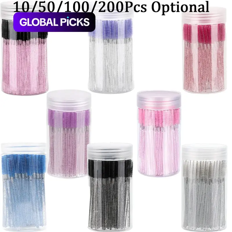 Reusable Eyelash Brush Set 200/100/50/10 Pcs, Washable Mascara Wands with Container, Bendable Reusable Eyebrow Spoolies for Lash Extensions, Eyebrow Brushes, Crystal Castor Oil Brush, Makeup Tool #GLOBAL PICKS
