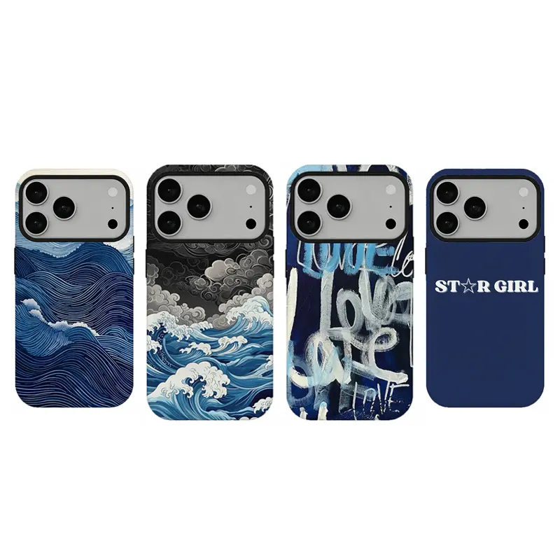 Navy Blue Wave Phone Case,Japanese Kanagawa Ocean Aesthetic Graffiti Love Letter STAR GIRL Solid Color Shockproof Soft Cover for iPhone 17 16 15 14 13 12 11 8 7 for Samsung Series,Shockproof Protective Dual-Layer durable design phone case,perfect gift