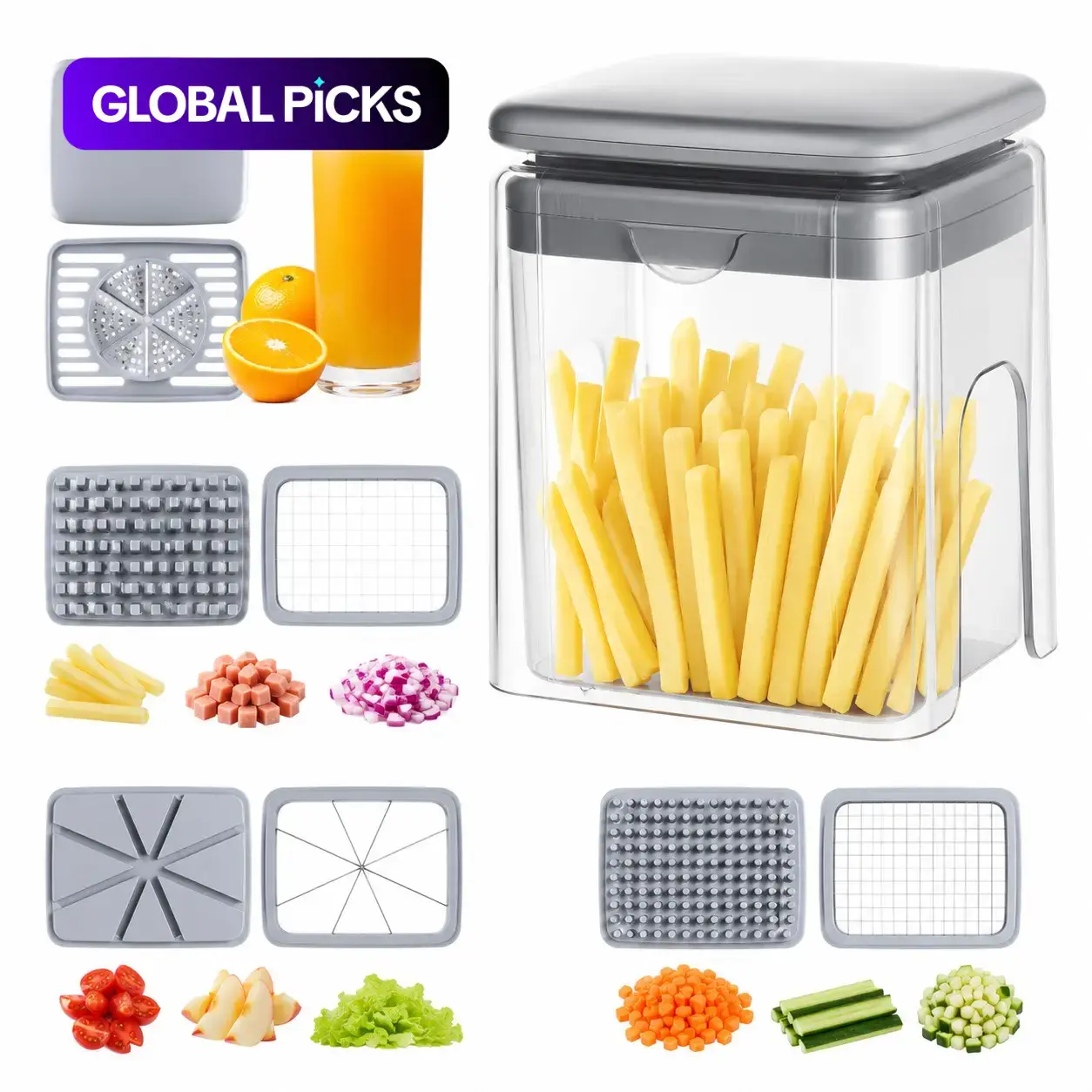 4-In-1 French Fries Chips Potato Slicer, Onion Dicer, Orange Juicer, Carrot Chopper, Kitchen Tool, Vegetable Chopper Cutter,kitchen Utensil #GLOBAL PICKS