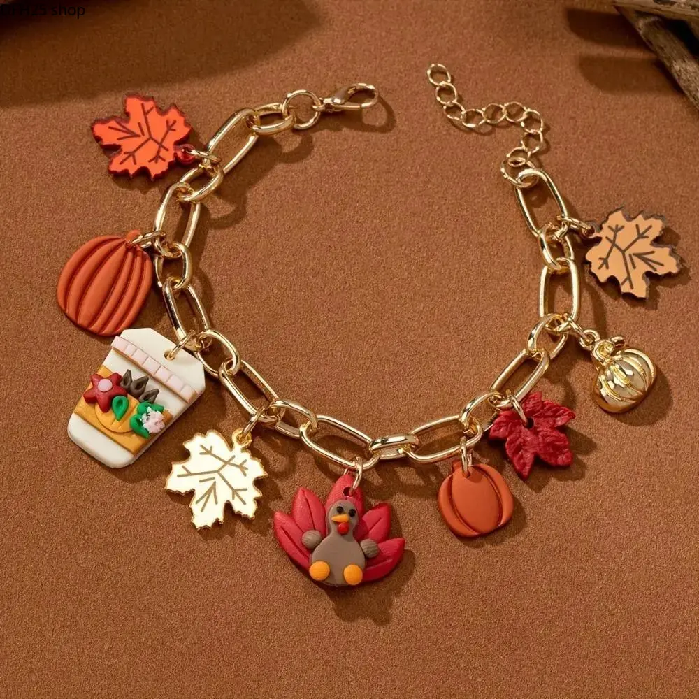 Fall Pumpkin and Maple Leaf Charm Bracelet, Handmade Clay Beaded Jewelry with Colorful Seasonal Design for Women and Thanksgiving Outfits