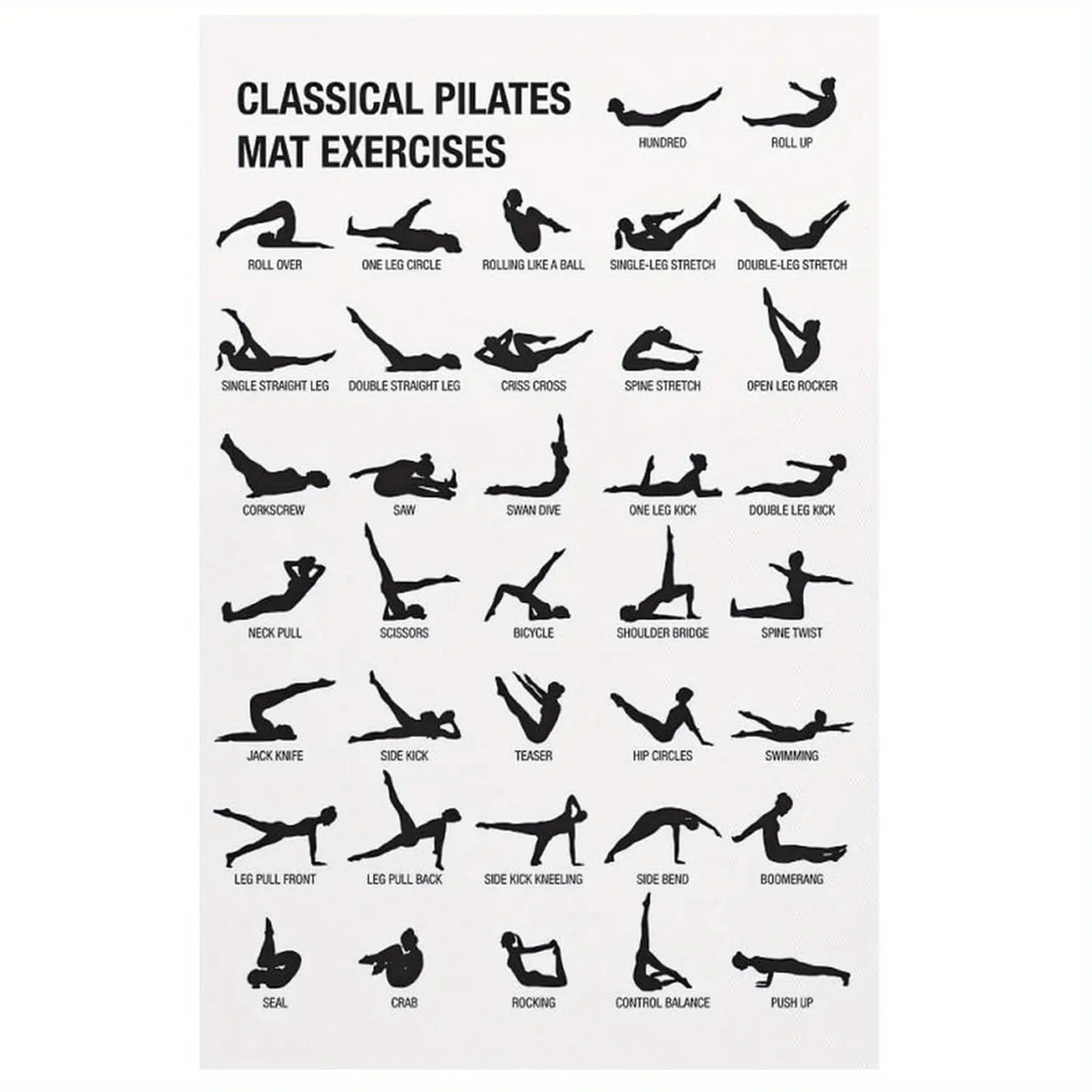 2D graphic, 1 Pilates exercise chart poster - a useful fitness wall decoration suitable for home gyms, fitness studios, yoga rooms, or any exercise area
