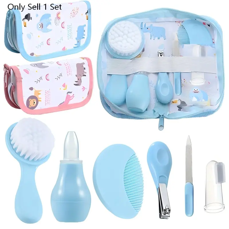 7pcs Baby Care Kit with Bag, Portable Travel Set Includes Bath Brush, Hair Comb, Nail Care, Teeth Brush, Nasal Aspirator, Ideal Gift