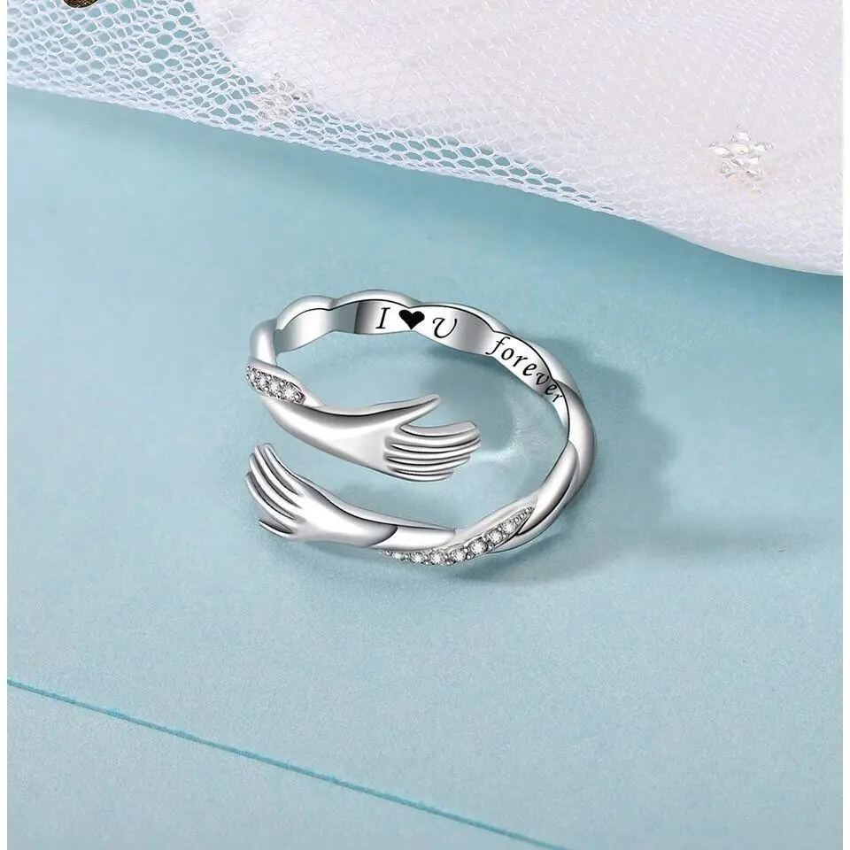 925 Sterling Silver Crystal Love Hug Adjustable Ring Women Girls Jewellery Gift
