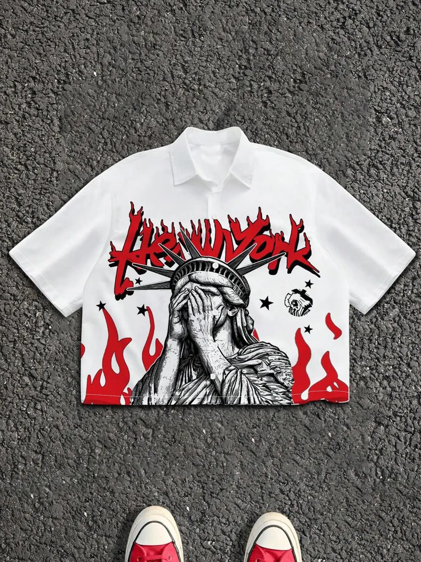 Men's Shirt, American Shirt, Casual Tops, Button Up, Retro Vintage Button Down Shirt with New York Statue and Hellfire Graphic Print, Short-Sleeve Lapel Tee, Streetwear, Y2K Grunge Aesthetic, Casual Wear Top
