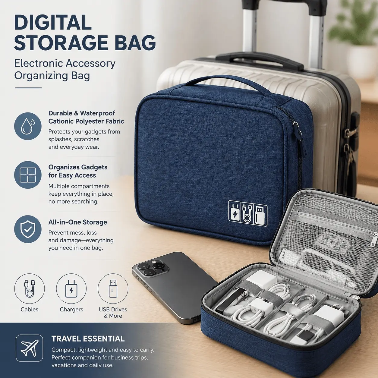 Waterproof Tech Organizer, Travel Organization Pouch: Gadget Case with Compartments for Cables, Power Banks, Earbuds. Features Waterproof Layer, Easy-Clean Surface, Carry Handle, Crush-Resistant Design. Perfect for Travel and Home Electronics