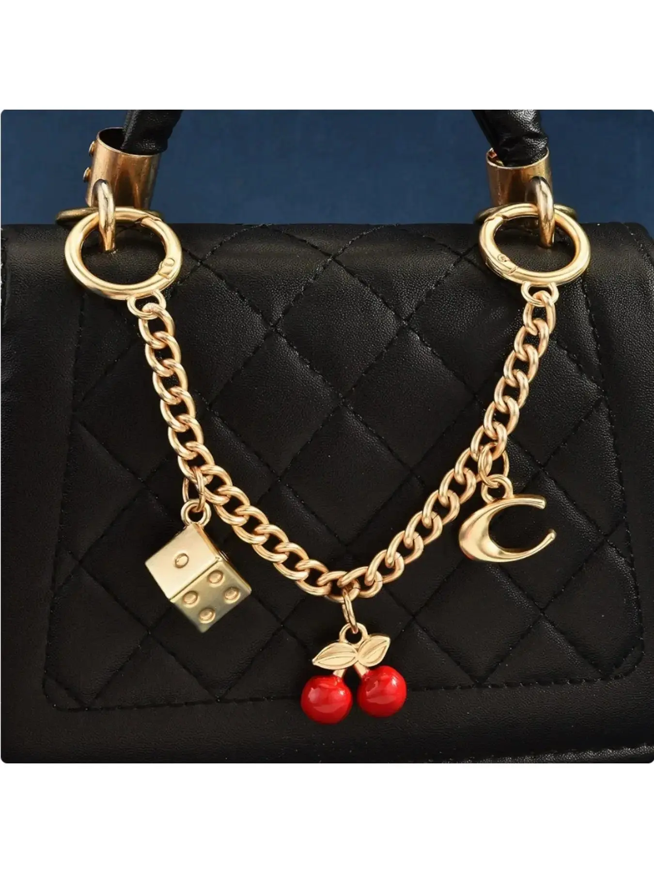Vintage Y2K multi-element bag chain with cherry, dice and letter C pendants, fashionable bag charms, trendy accessories for girls, students and office workers, luggage and bag fittings, Bag charms for handbags