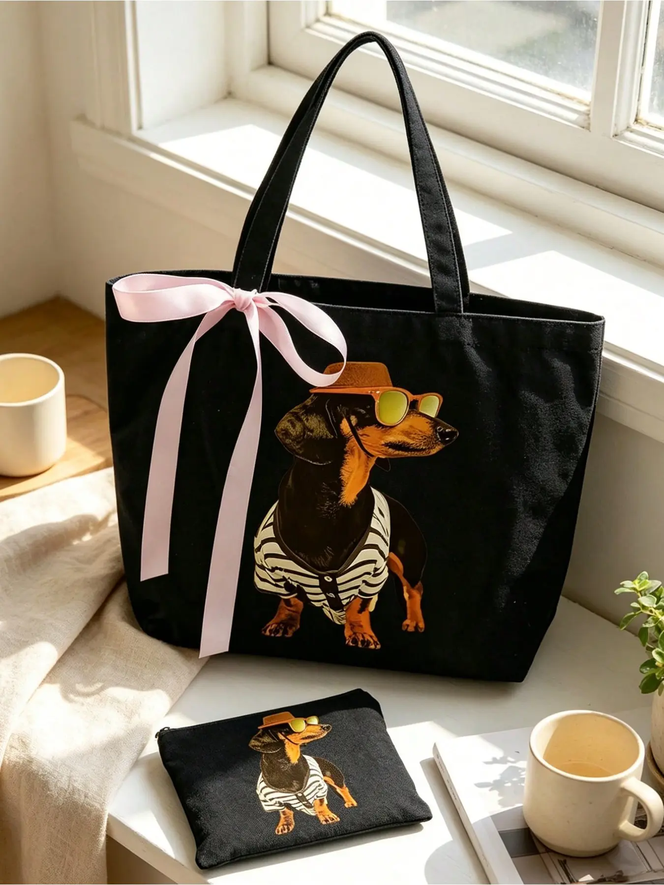Dachshund Print Lightweight Canvas Tote & Cosmetic Bag Set, Women Shoulder Handbag, Multi-purpose Organizer for Office College Commute Travel, Ideal Graduation Teacher Birthday Wedding Holiday Gift