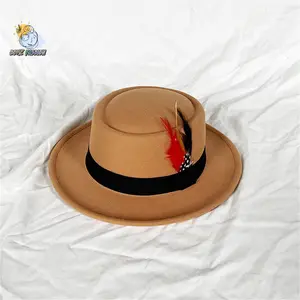 Men Fedora Hat with Feather Wool Felt Cap Top Hat for Daily Stages Costume Accessories