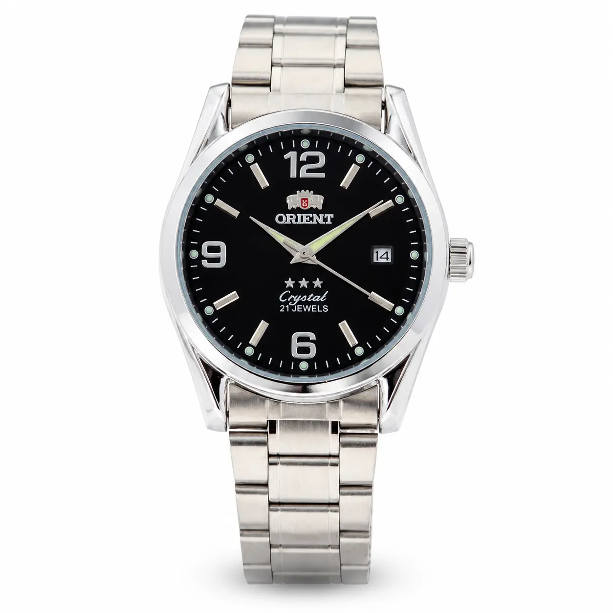 Orient Crystal Classic 21 Jewels Automatic Men's Watch - Silver Steel Band, White Dial with Arabic Numerals, Luminous Hands, Date Display