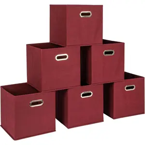 Foldable Fabric Storage Cubes 6-Pack – 11x11x11 Stackable Non-Woven Bins with Chipboard Sides & Grommet Handles – Closet, Shelf, Nursery, or Office Organizer – Burgundy