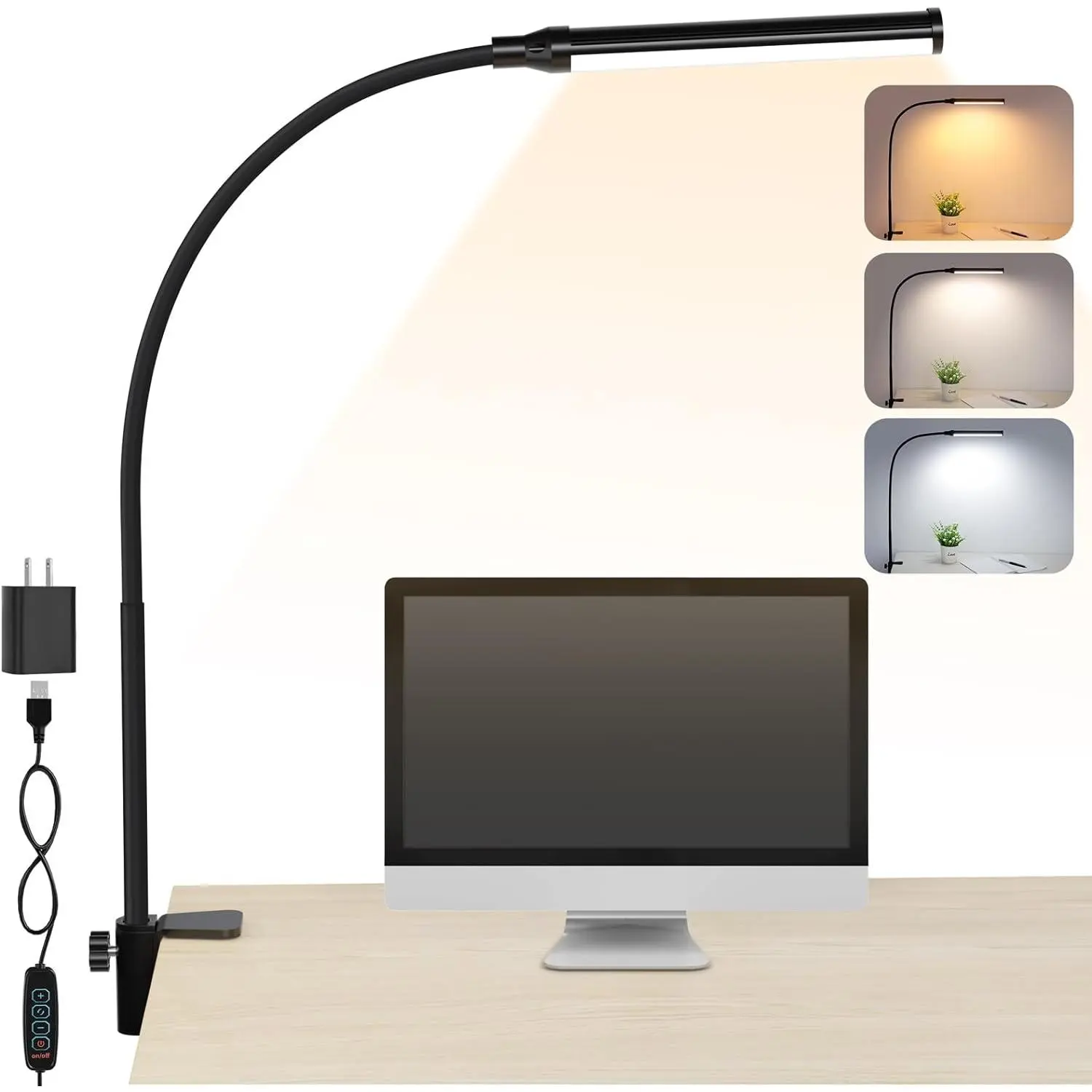 Clamp-On LED Desk Lamp - Eye-Caring LED Lighting with 3 Color Modes, Stepless Dimming, 360° Flexible Gooseneck, USB Adapter for Home Office Dorm Study Crafting