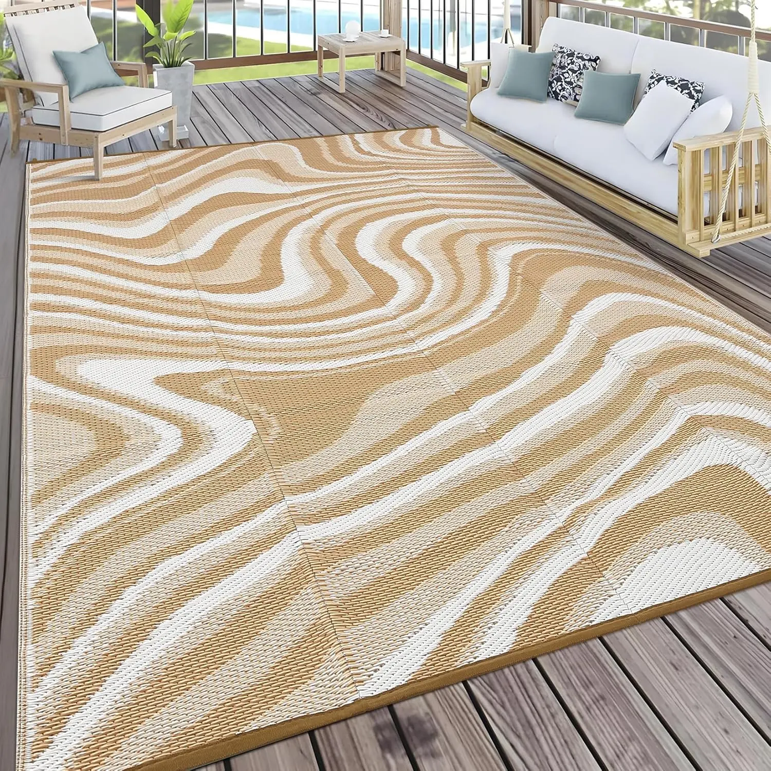 Porch Rugs Outdoor Waterproof Outdoor Camping Rug, Modern Plastic Straw Rugs with Portable Bag, Foldable Reversible UV Resistant Outside Rug for Picnic Backyard Deck RV, Light Brown