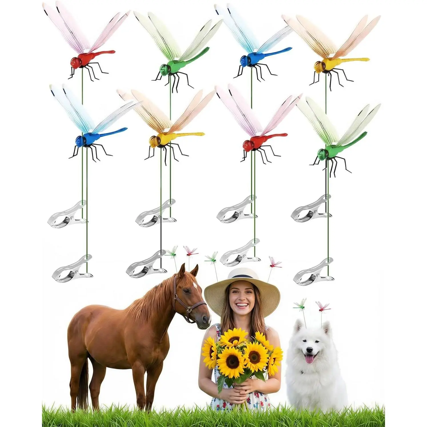 8 Pack Dragonfly Decoy Clips, 3D Realistic Wingman for Outdoor Garden, Nature-Inspired Visual Deterrent for Wasps, Flies and Bees, Clip-on Decoration for Hats, Backpacks and PatioGift