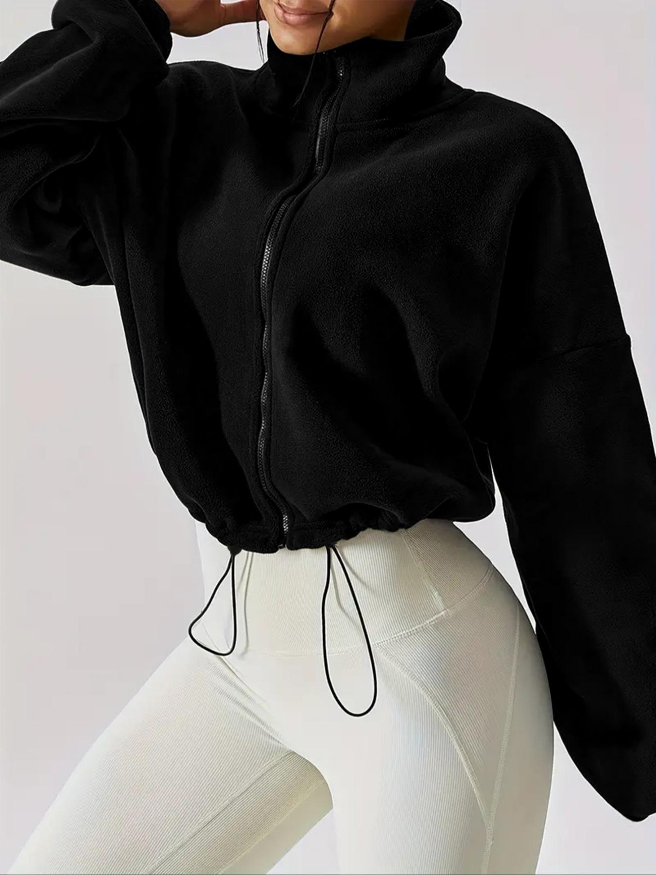 Women's Solid Drawstring Zip-Up Crop Jacket, Casual Long Sleeve Mock Neck Fuzzy Outerwear for Spring & Fall, Ladies Clothes for Daily Wear, Womenswear