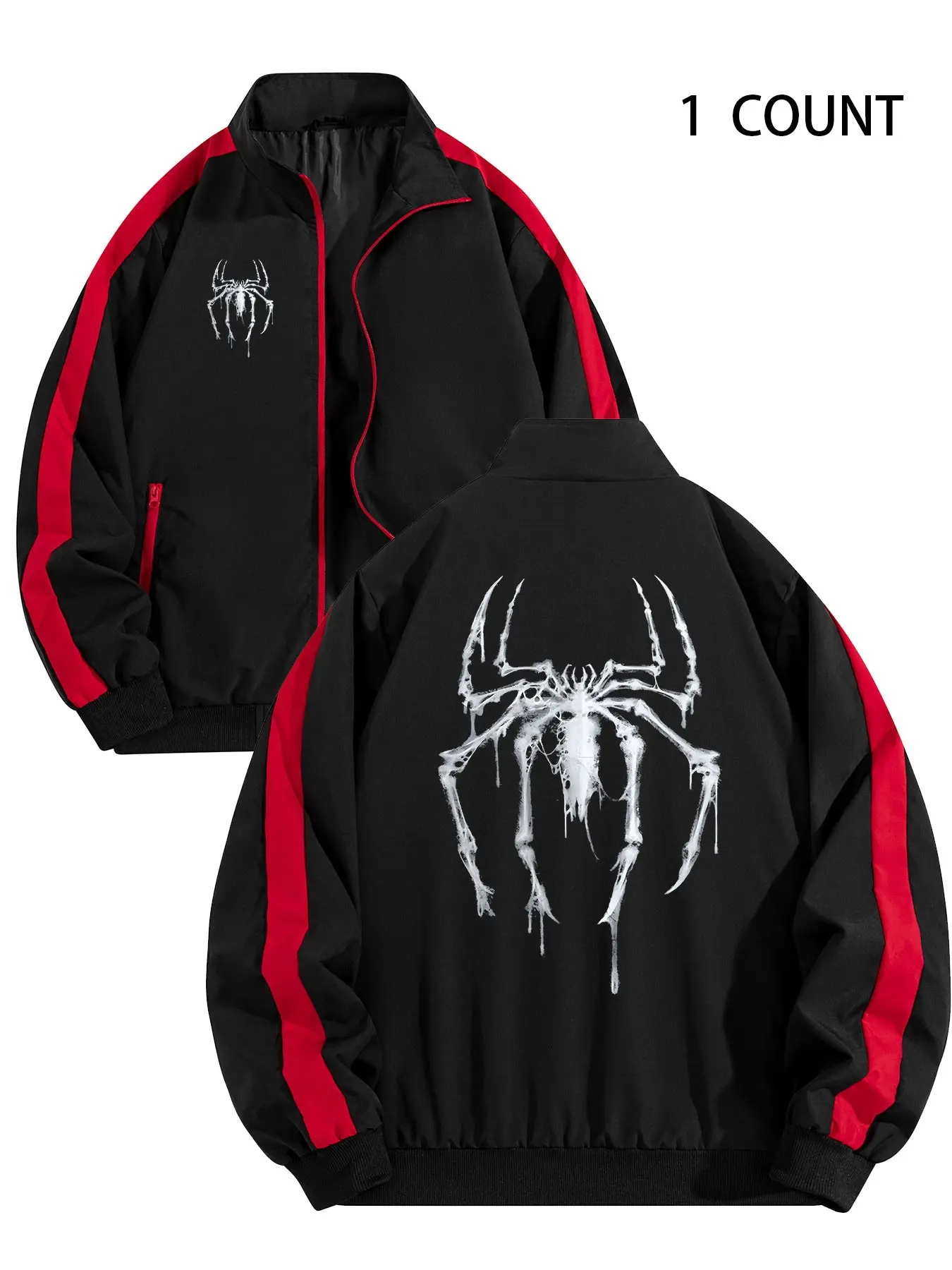 Y2K Spider Print Men's Fall Winter Outdoor Sport Jacket, Zipper Pockets, Wind-Resistant, Warm Outerwear, Long Sleeve, Fitted Style, Outdoor Sports Outerwear