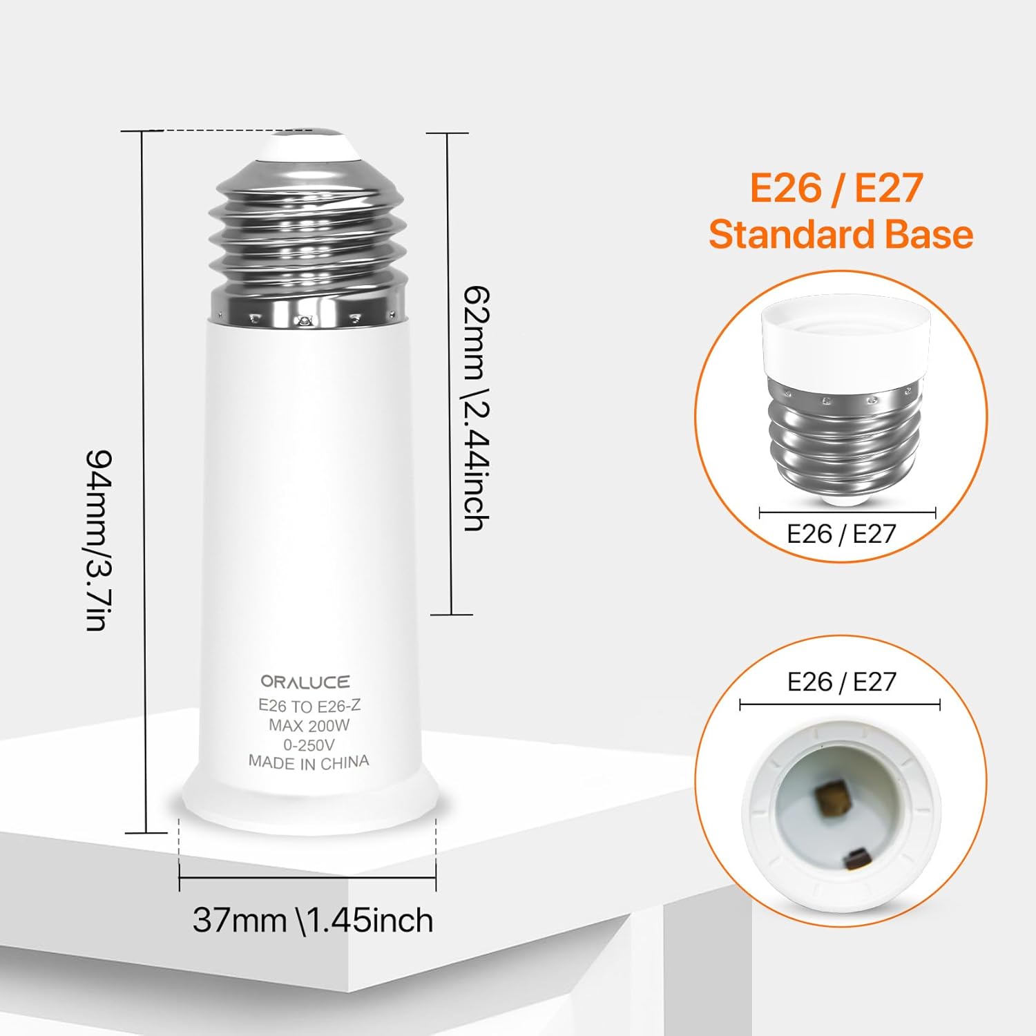 E26 to E26 Bulb Light Socket Extender Adapter Standard Medium Base Max 200W 0-250V 6.2 CM / 2.55 Inch Extension, 2 Pack E26 to E26 Bulb Light Socket Extender Adapter Standard Medium Base Max 200W 0-250V 6.2 CM / 2.55 Inch Extension, 2 Pack
