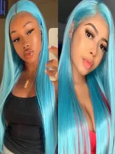 26inch Sky Blue Straight Synthetic Wig Hyperrealism Wig Natural Hairline Realistic Illusion Hairline Heat Resistant Blue Fiber Hair Lace Front Wigs Glueless Wig 13*4 Transparent Lace Hair for Unisex Party Cosplay Use