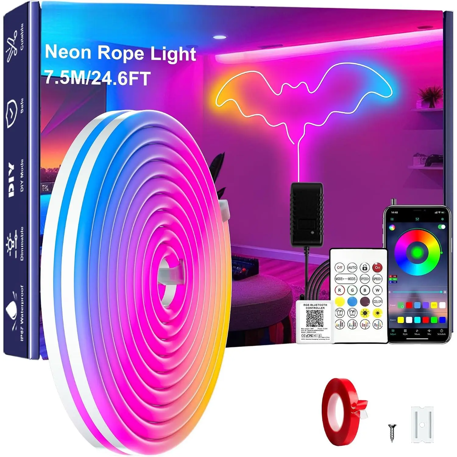 RGB Neon Light LED Rope Light,Waterproof Bluetooth APP Remote Control Music Sync Strip Light,24V Flexible DIY Silicone Light for Bedroom Home Indoor Outdoor Decoration