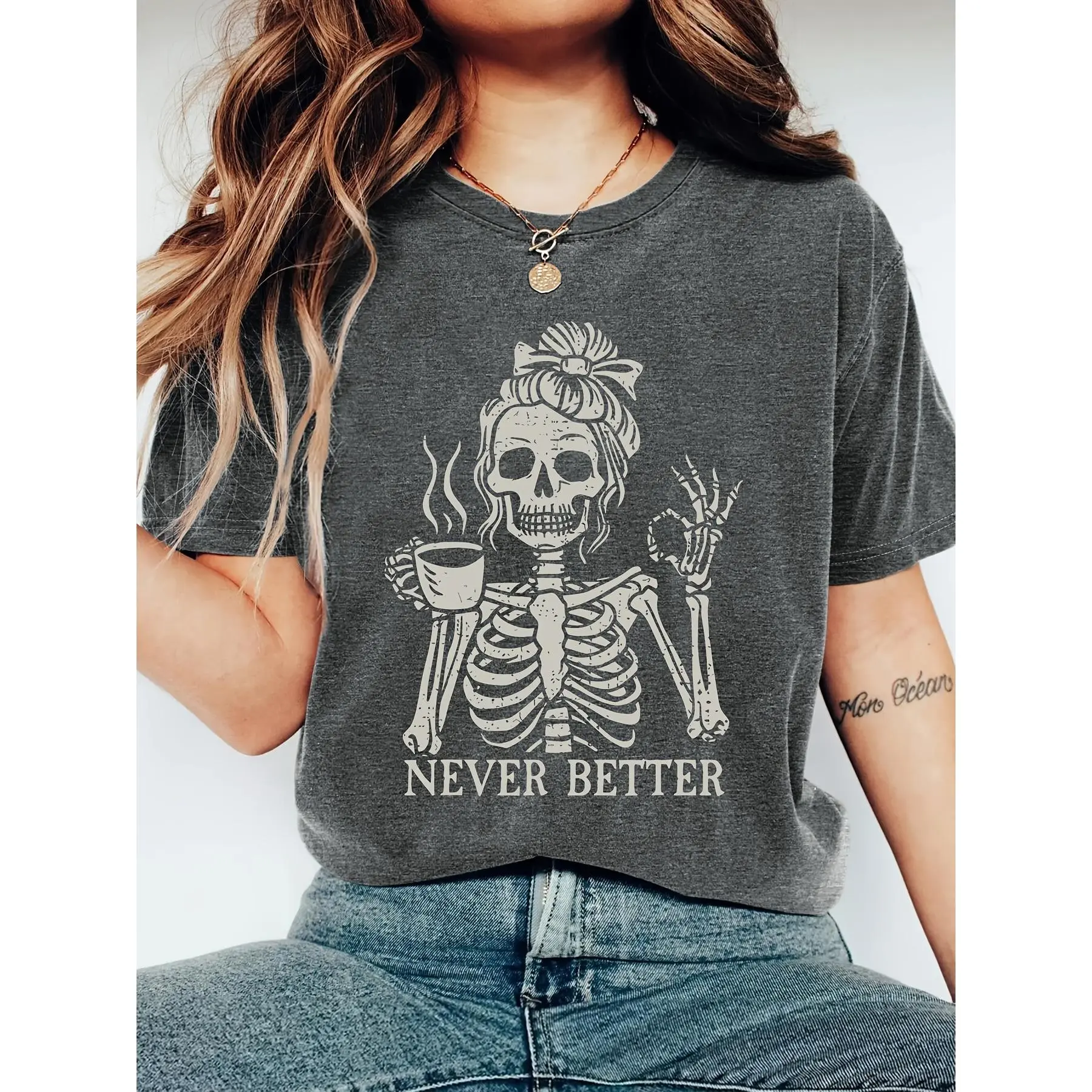 Skull Coffee Print Women'S T-Shirt| "Never Better" Fun Slogan Round Neck Short Sleeve| Casual Cute Top| 2026 Spring/Summer Vacation Style Clothing| Elegant Retro Daily Commuting Women'S Wear,oversized tshirt women