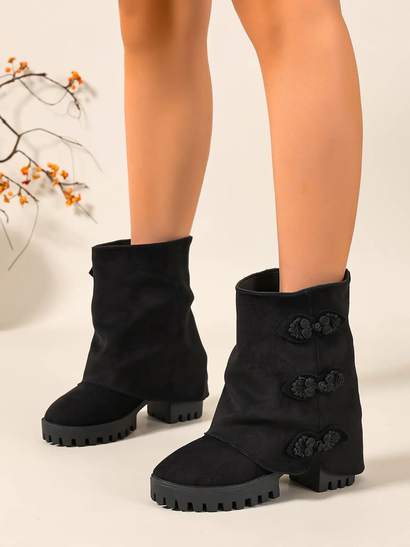 Velvet Side Button Mid-Calf Boots, Back Zipper Thick Square Heel, New Chinese Style Hanfu Shoes for Women, Spring & Fall