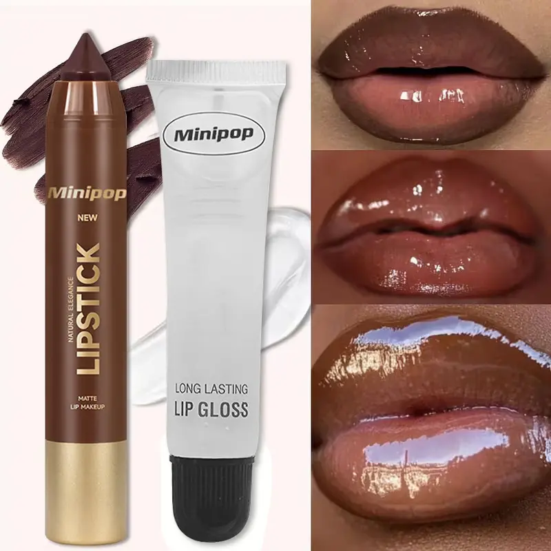 Lip gloss and lip oil two-piece set, matte finish lipstick, lip liner, waterproof and long-lasting