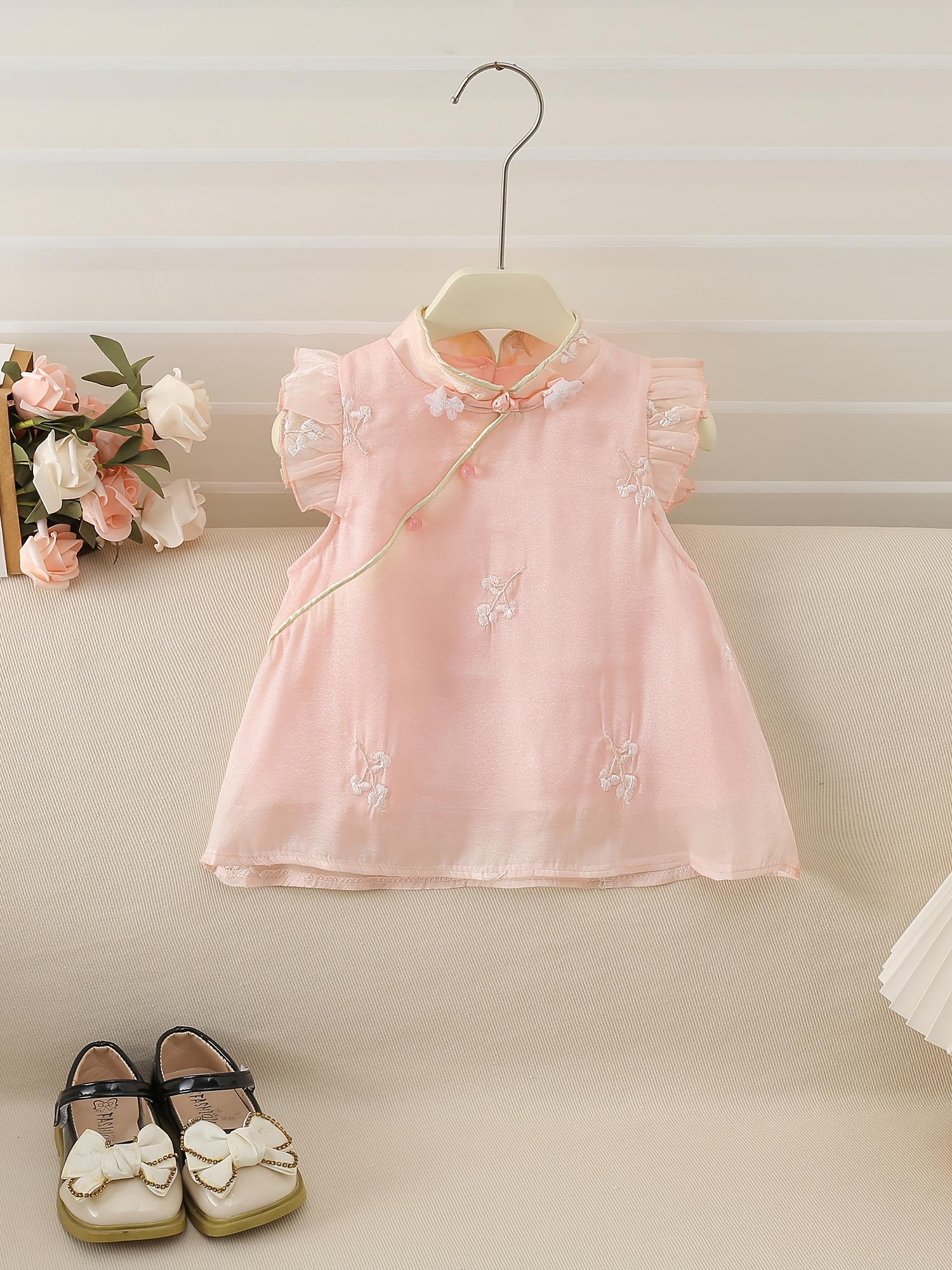 NewNew Style Children's Girls' Embroidered 2pcs Set, New Chinese Style "Mu Yun Sha" Princess Outfit, Three-Dimensional Flower Sleeveless Top + Elastic Waist Shorts, Super Sweet and Cute Pink Vacation Set, Lightweight and Comfortable, Perfect for Outdoor