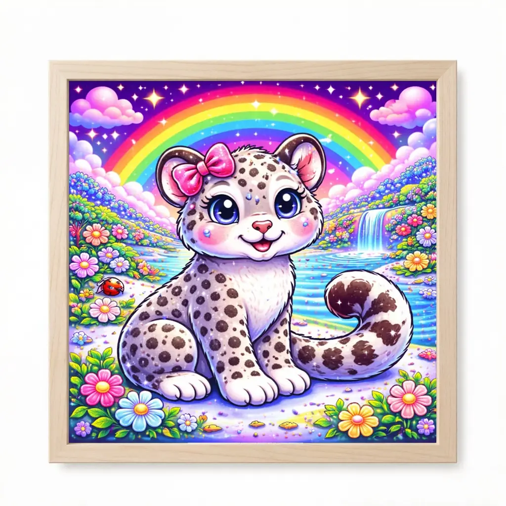 A 2D flat frameless handmade DIY diamond painting kit Cute cartoon style Adorable snow leopard with pink bow Rainbow waterfall and colorful flowers scene Vibrant colors Suitable for craft lovers Home decoration