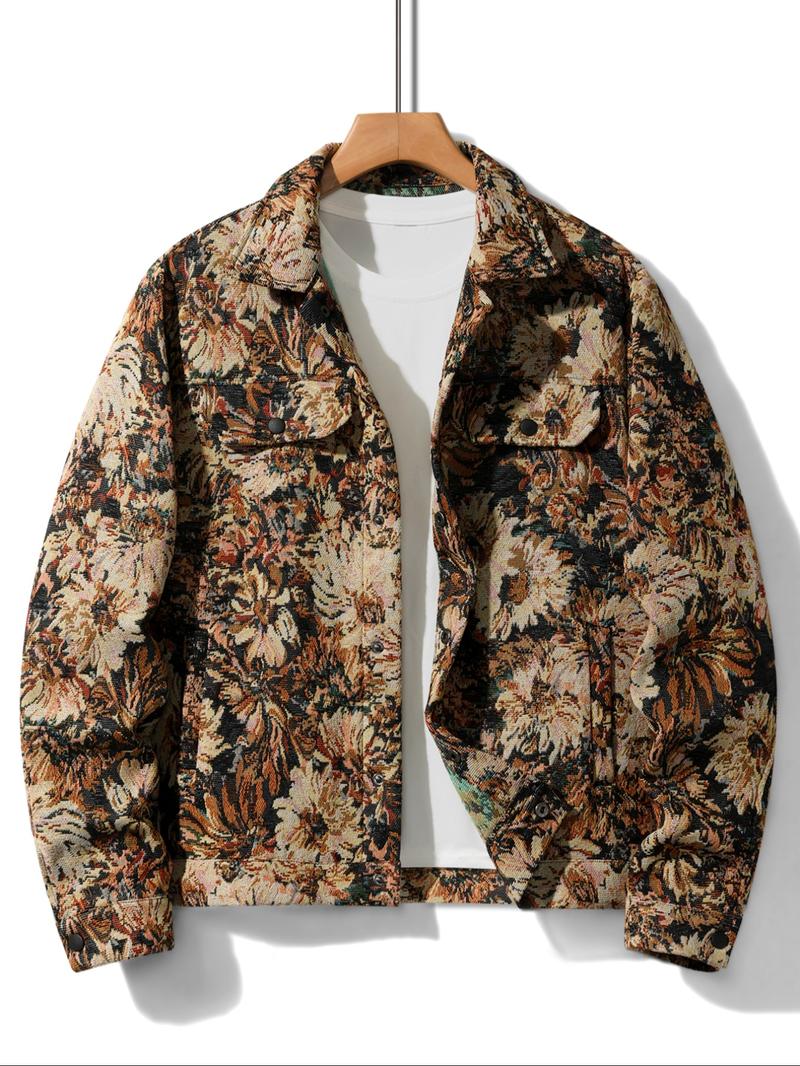 Men's Floral Print Button Front Jacket, Regular Fit Casual Long Sleeve Collared Outerwear for Fall & Winter, Men's Clothes for Daily Wear, Fashion Fit Jacket