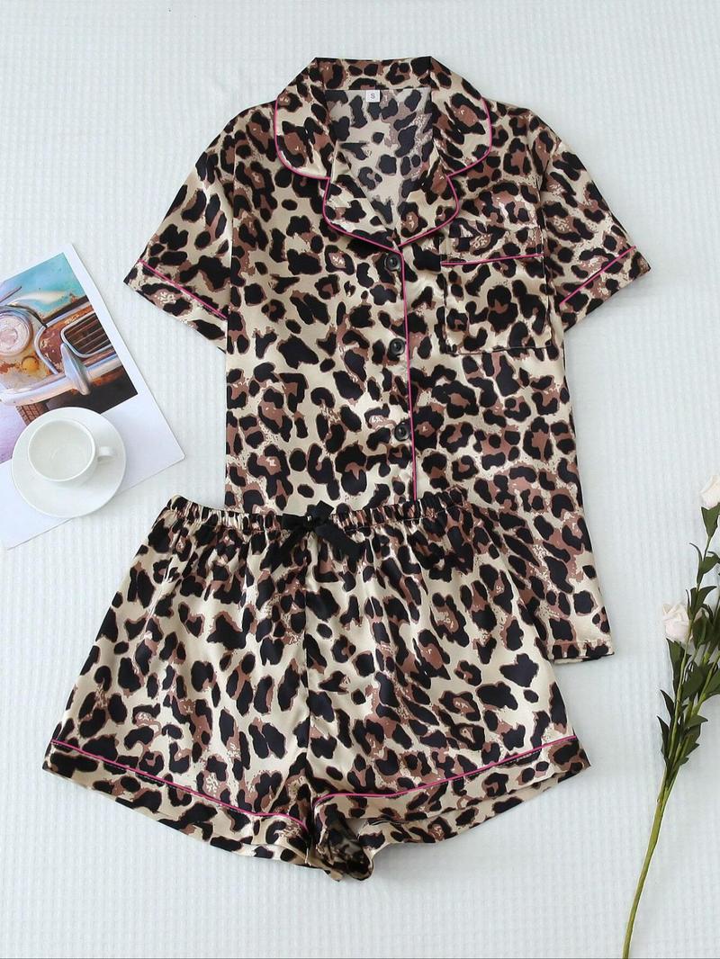 Women's Leopard Print Satin Pyjama Set, Casual Comfy Short Sleeve Pocket Shirt & Elastic Waist Shorts PJ Set, Ladies Summer Sleepwear