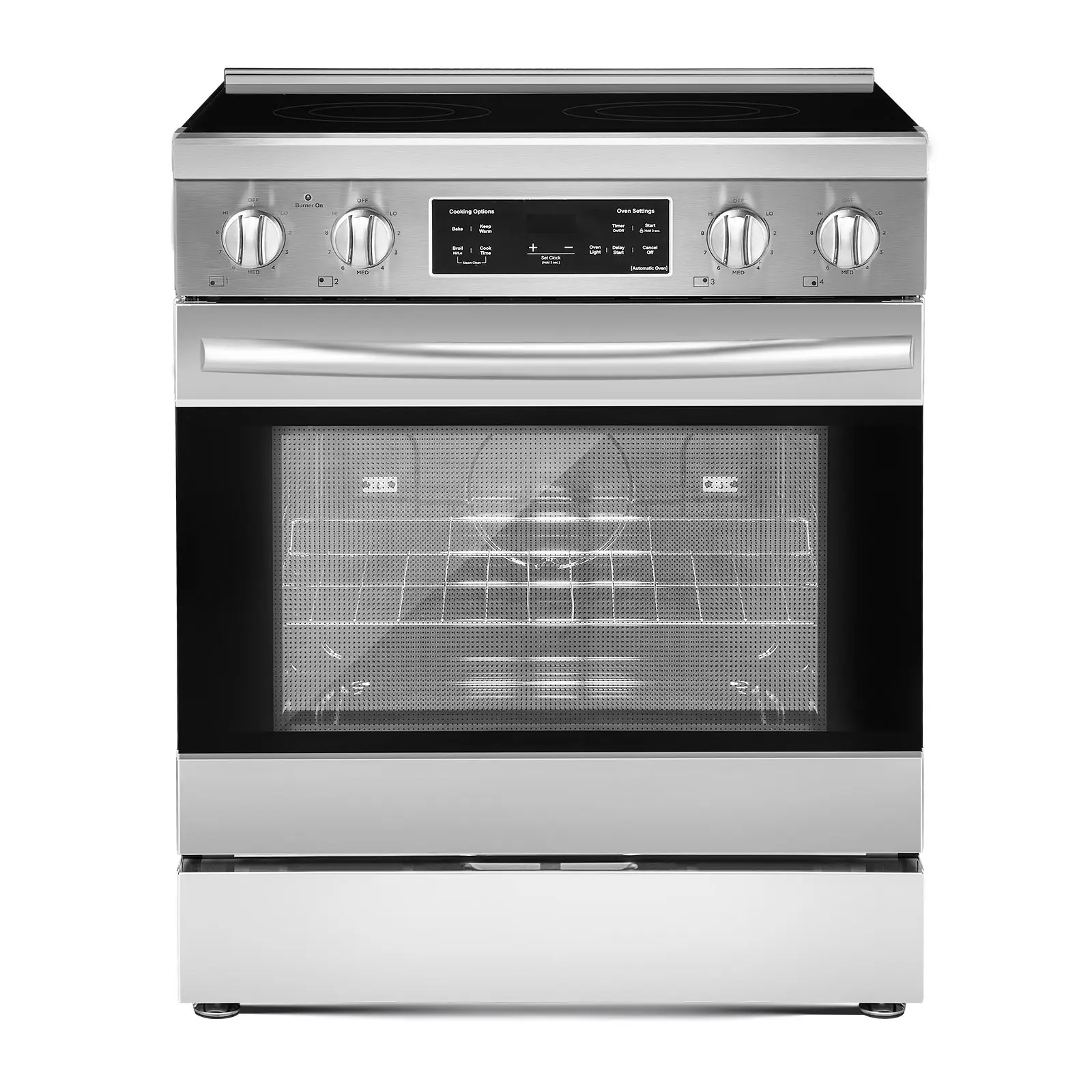 30 in Electric Range Oven, 4.8 Cu. Ft. Capacity Compact Freestanding Oven, Stainless Steel Kitchen Stove, with 4 Cooktop Burners, Timer, Easy Reach Racks, Storage Drawer, Light(No Power Cord)