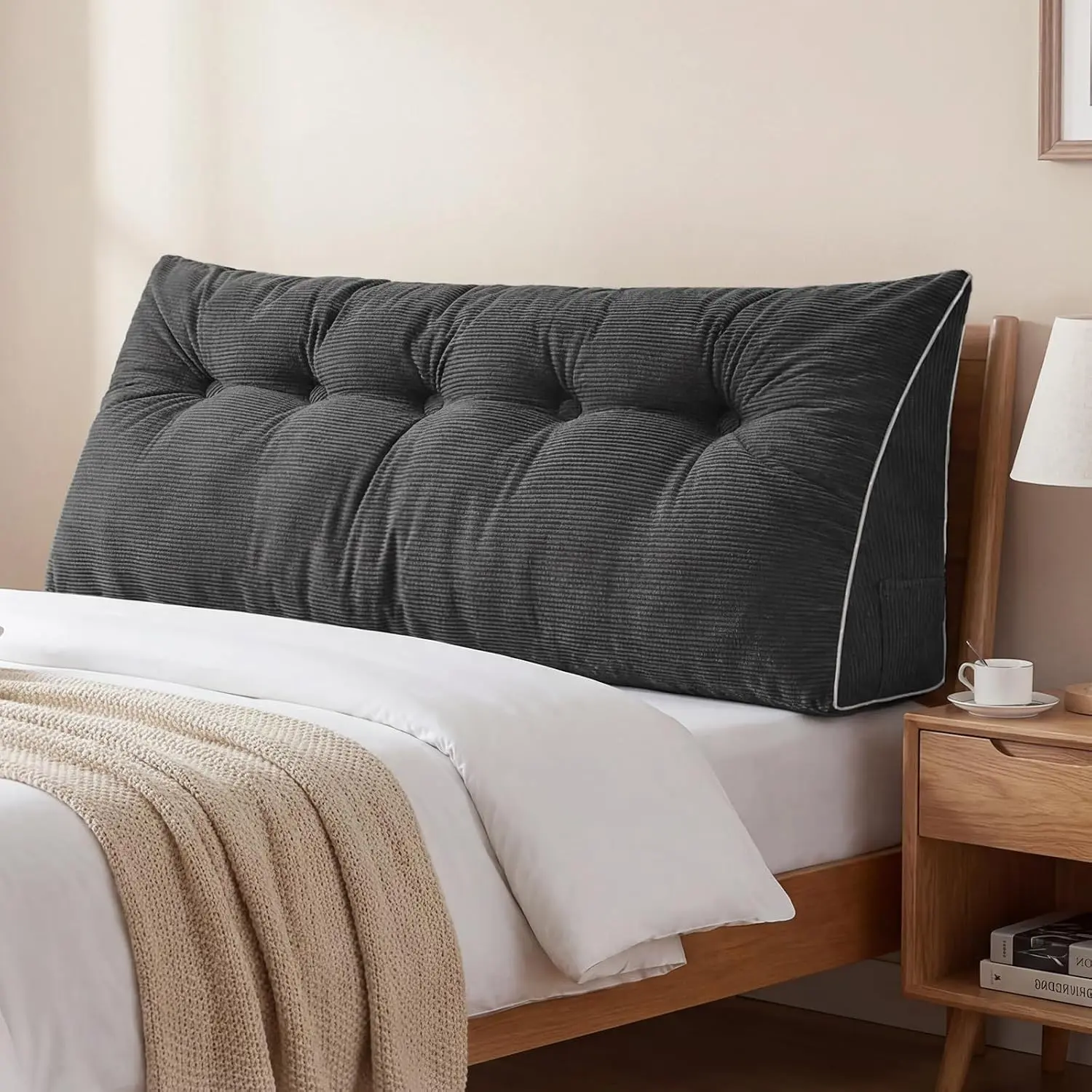 Headboard Pillow Queen, Wedge Pillow Headboard, Dark Grey | Triangle Backrest Cushion for Sitting or Reading in Bed, Dorm Essentials, OEKO-TEX, Down Alternative Fill, Side Pockets